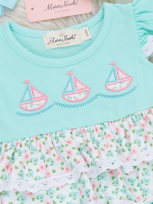 Little Sailboats Embroidered Lace Ruffle Bubble Romper
