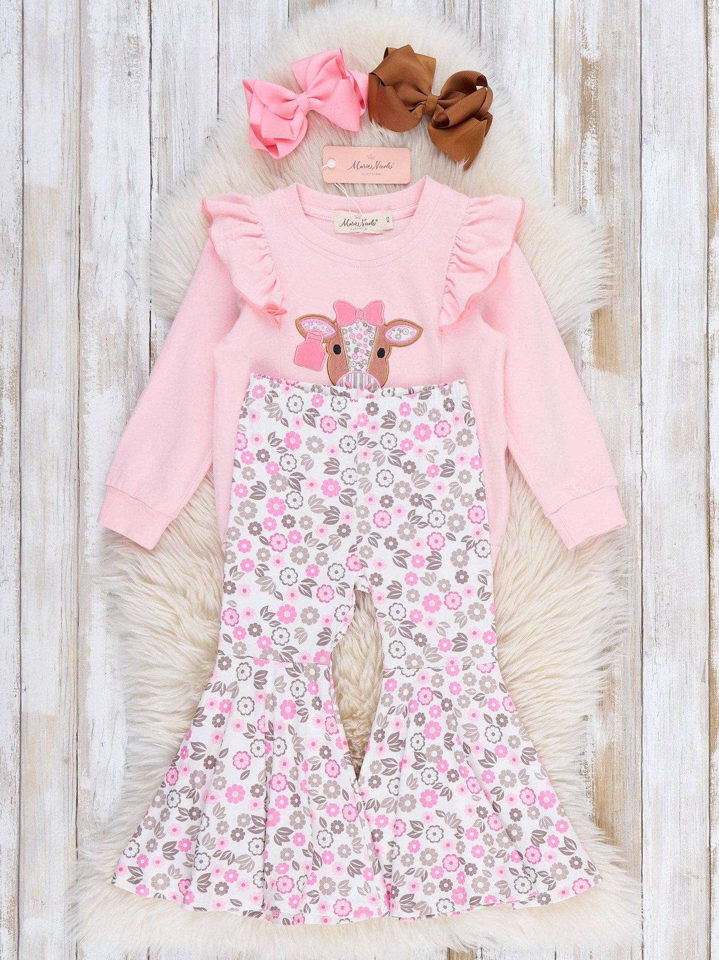 Floral Cow Cutie Ruffle Bell Bottom Outfit