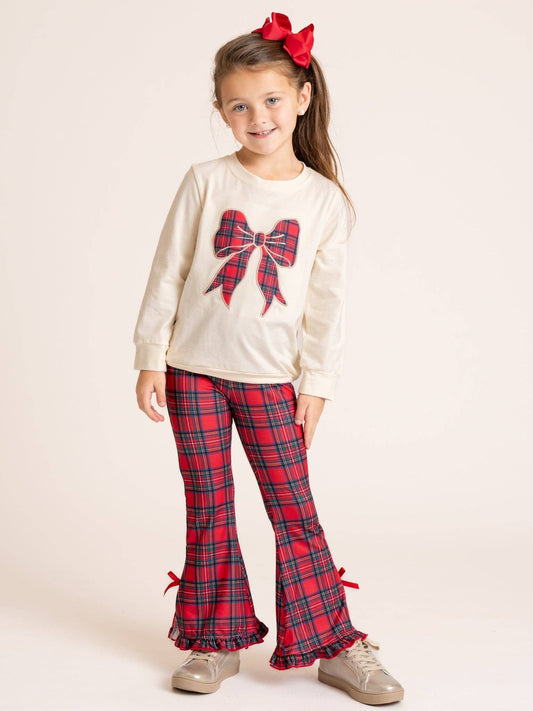 Tartan Bow Embroidered Bell Bottom Outfit