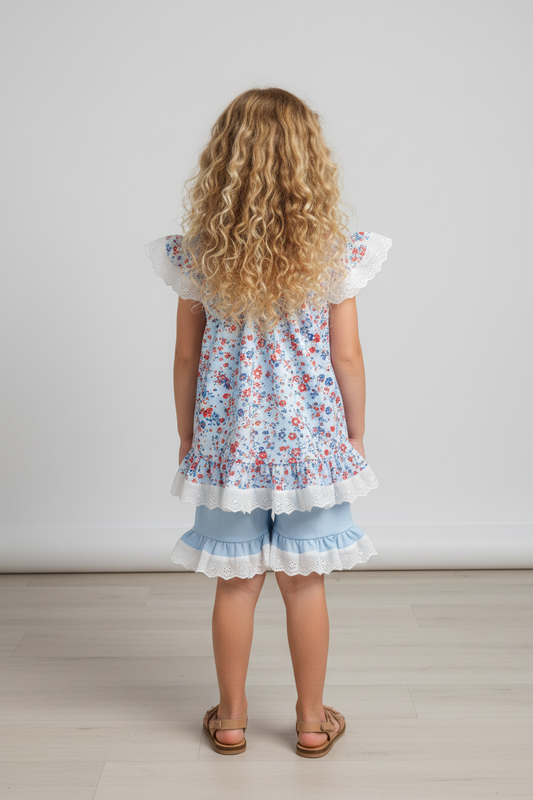 Blue Floral Lace Smocked Shorts Set