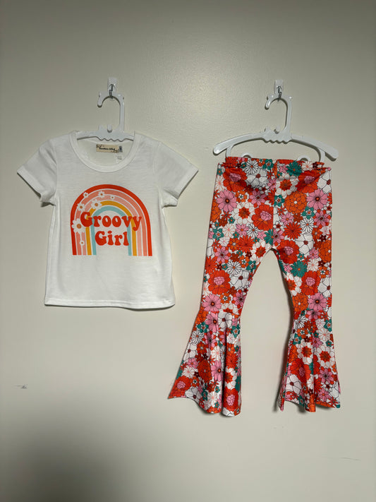 Groovy girl top & floral bell bottoms 2 piece girls set