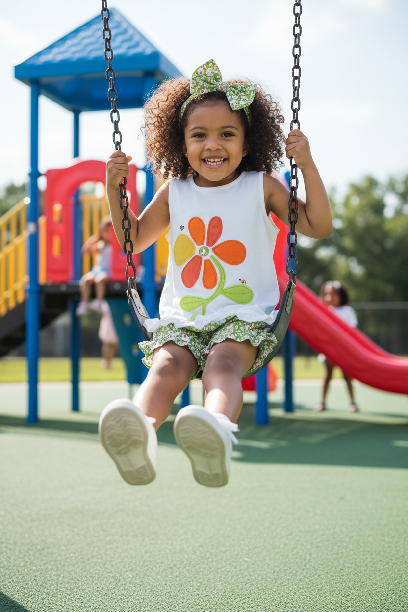 Curly-haired girl wearing floral appliqué set at playground