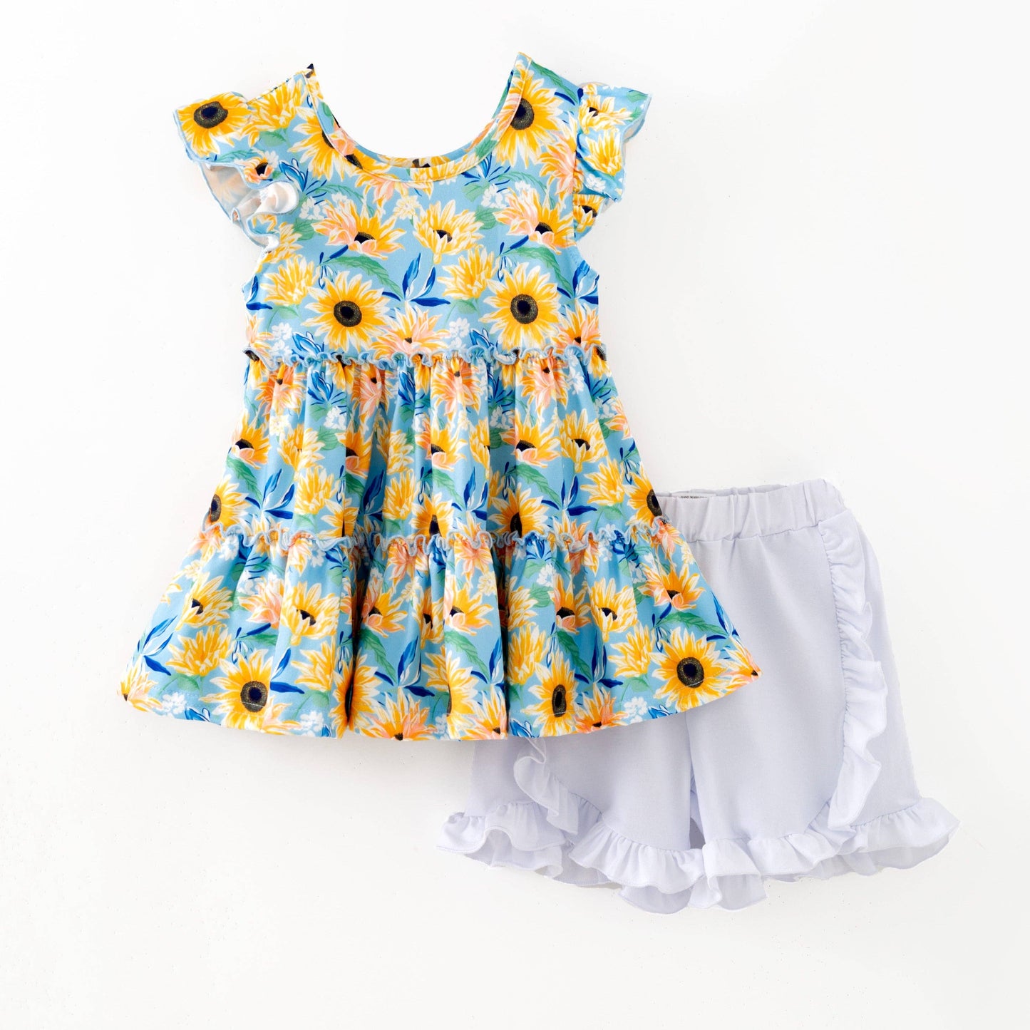 Girls Blue Sunflower Tiered Top & Ruffled Shorts Set
