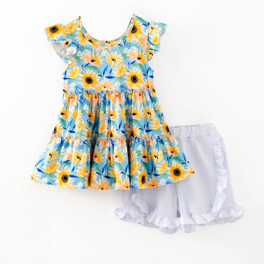 Girls Blue Sunflower Tiered Top & Ruffled Shorts Set