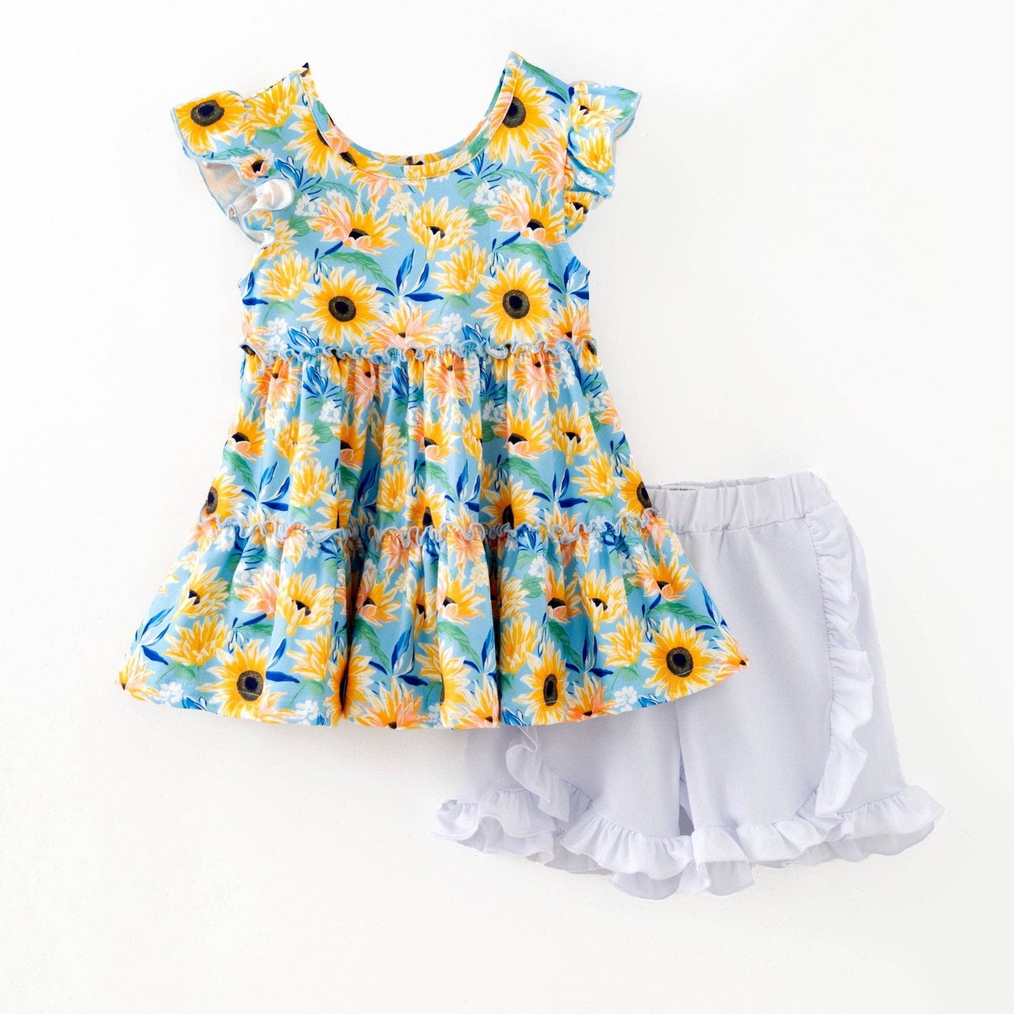 Girls Blue Sunflower Tiered Top & Ruffled Shorts Set