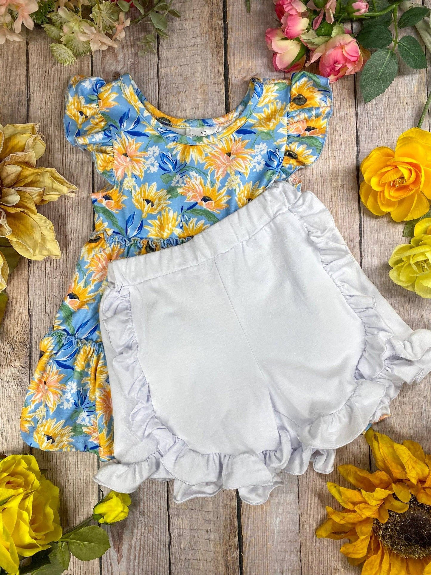 Girls Blue Sunflower Tiered Top & Ruffled Shorts Set