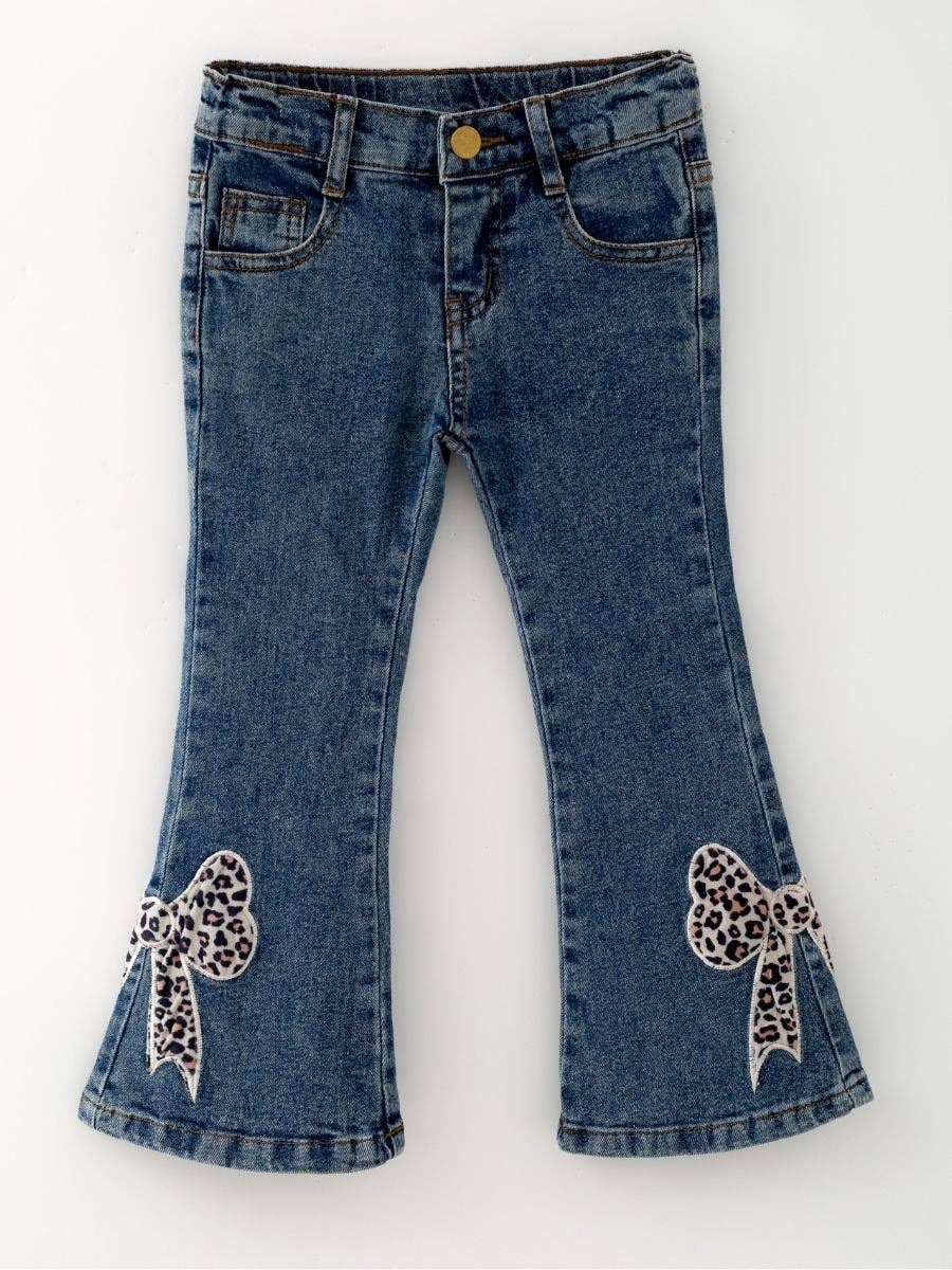 Girls Leopard Bow Bell Bottom Jeans