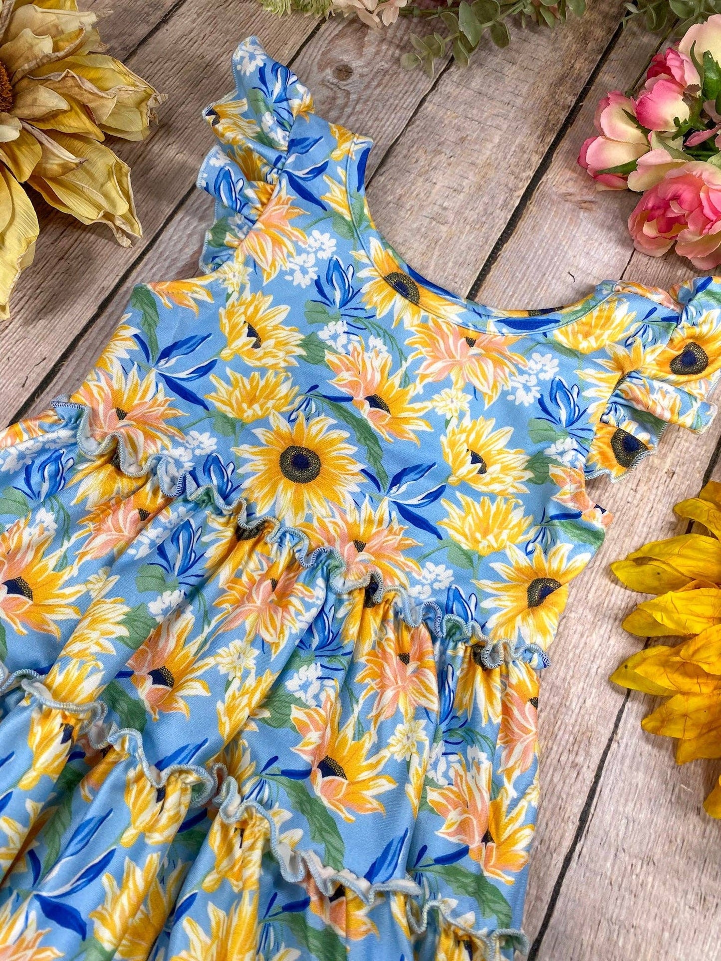 Girls Blue Sunflower Tiered Top & Ruffled Shorts Set