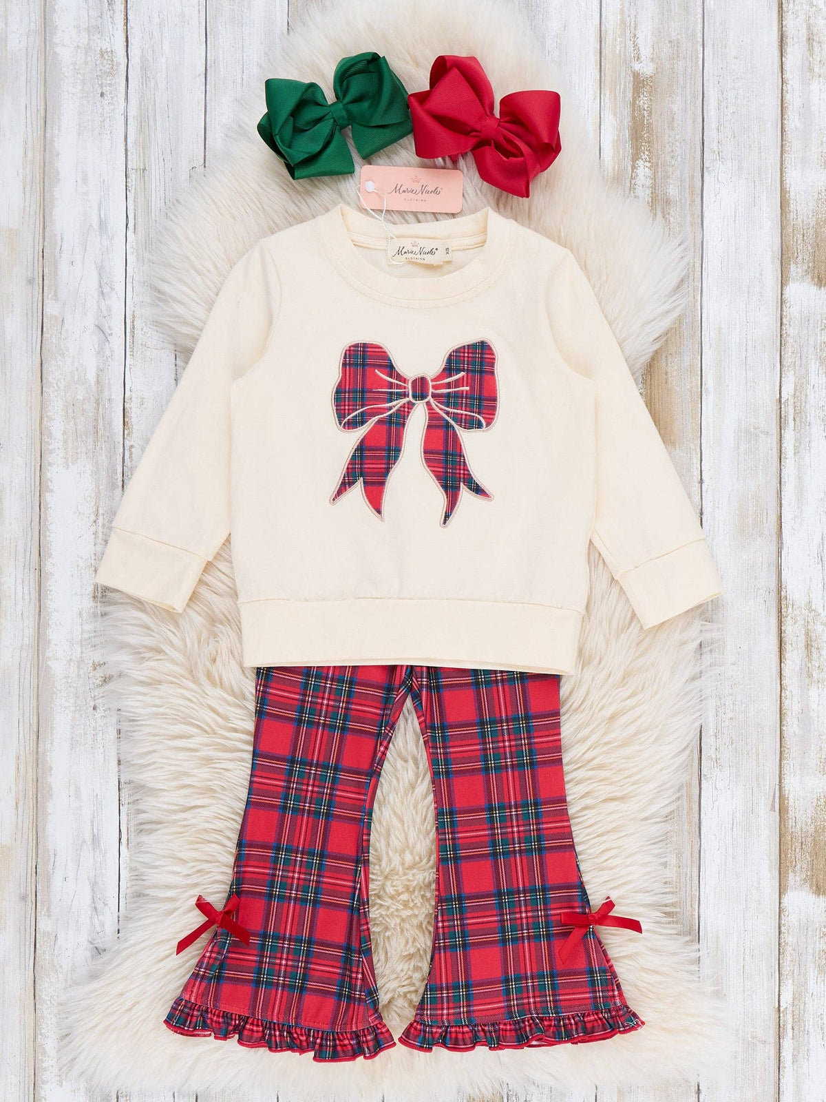 Tartan Bow Embroidered Bell Bottom Outfit