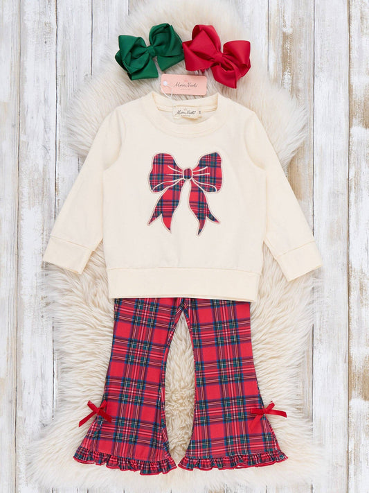 Tartan Bow Embroidered Bell Bottom Outfit