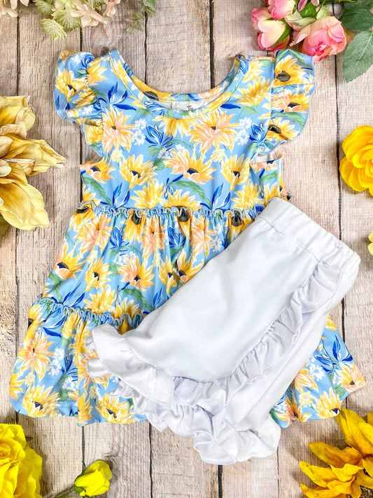 Girls Blue Sunflower Tiered Top & Ruffled Shorts Set