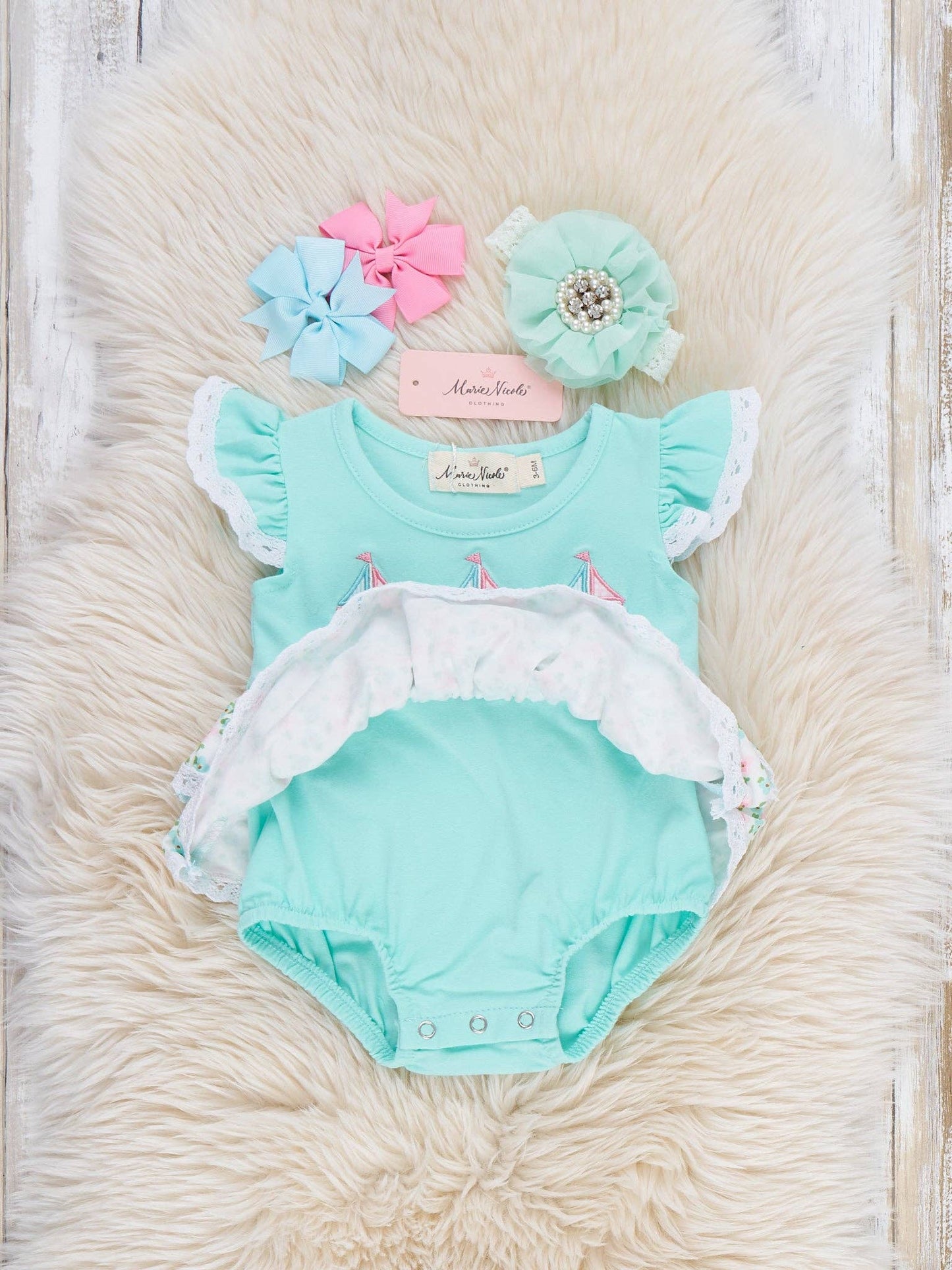 Little Sailboats Embroidered Lace Ruffle Bubble Romper