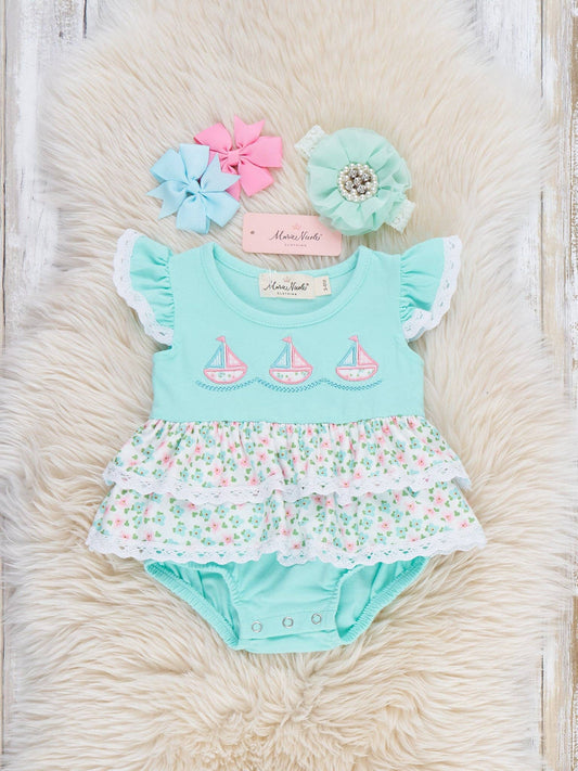 Little Sailboats Embroidered Lace Ruffle Bubble Romper