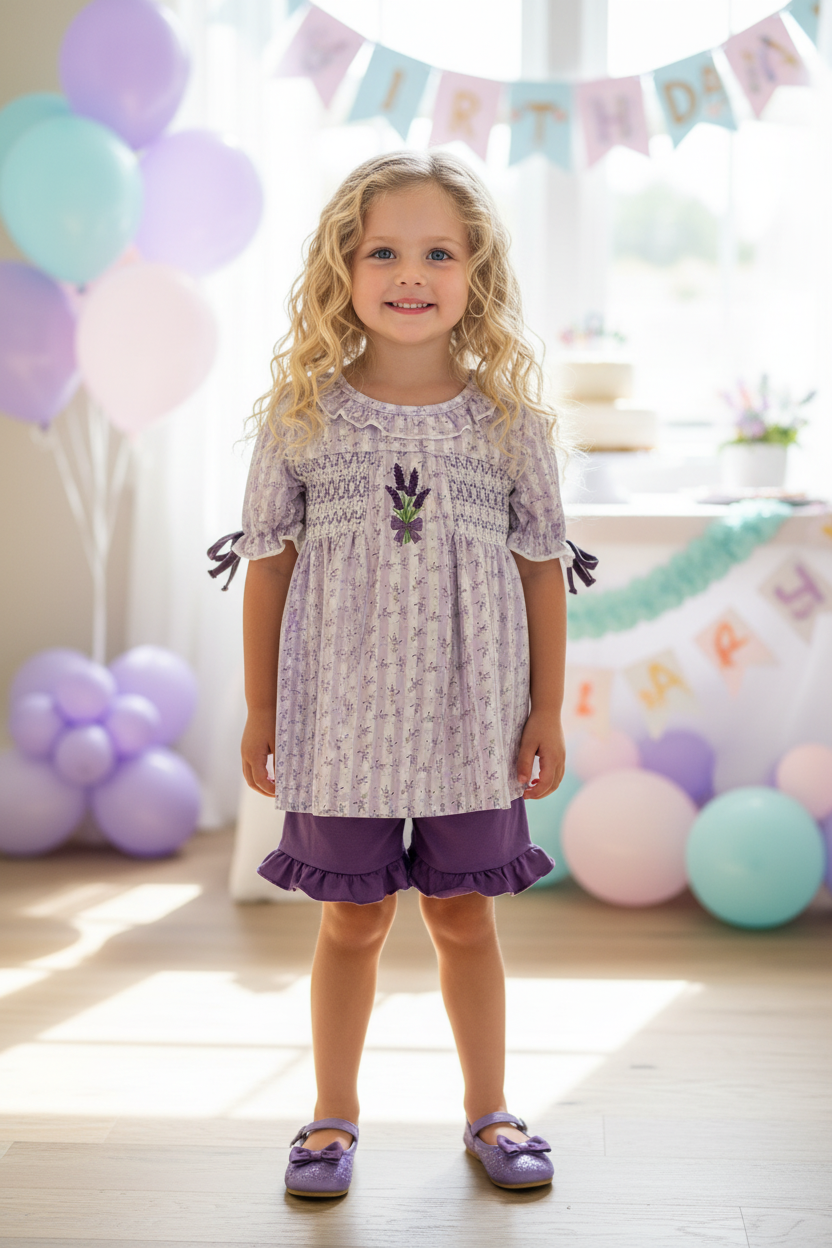 Lavender Floral Smocked Ruffle Shorts Set