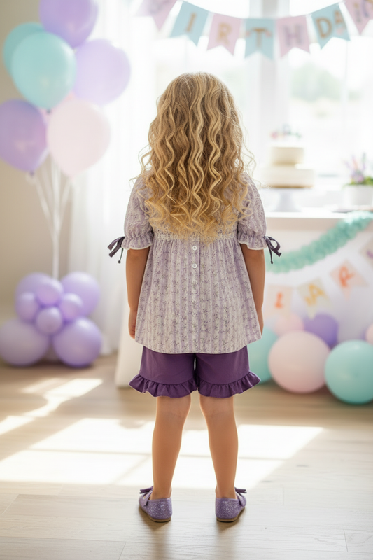 Lavender Floral Smocked Ruffle Shorts Set