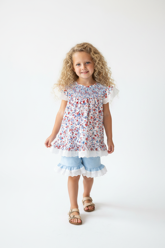 Blue Floral Lace Smocked Shorts Set