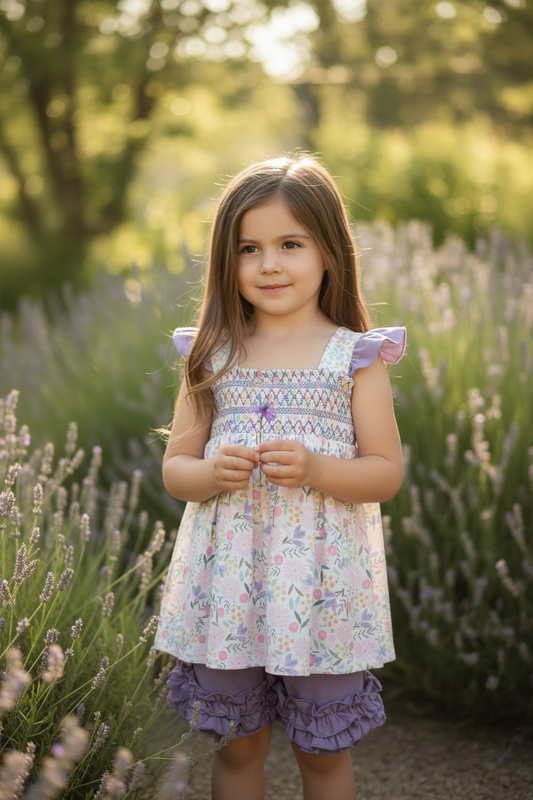 Purple floral smocked ruffle short set