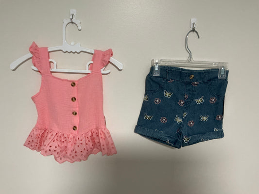 Pink Eyelet & Embroidered Denim Shorts Set