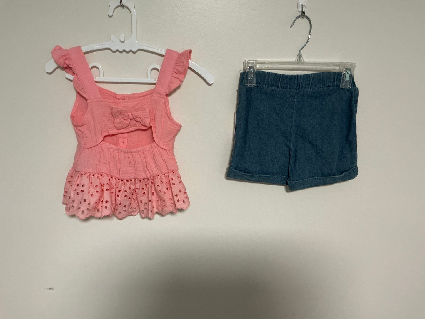 Pink Eyelet & Embroidered Denim Shorts Set
