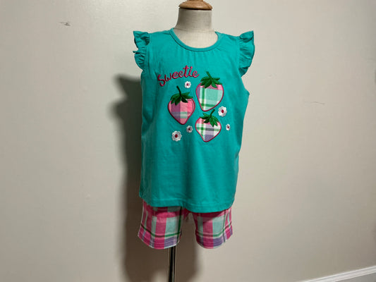 Girls Sweetie Strawberry Appliqué Flutter Sleeve Top & Plaid Shorts Set