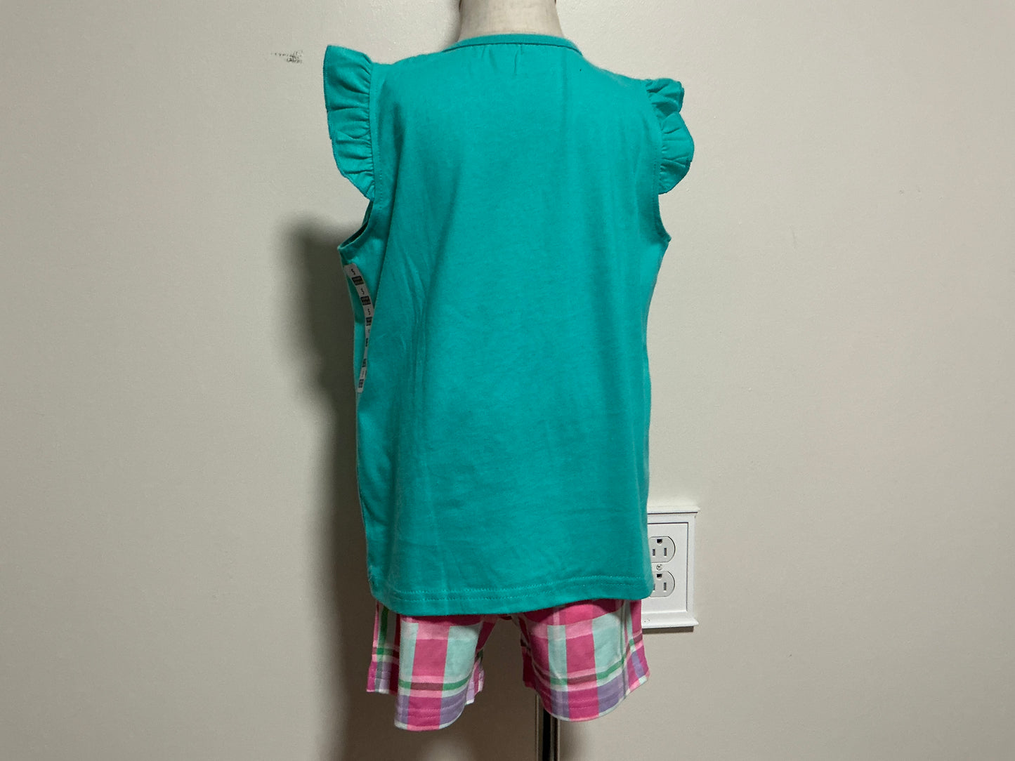 Girls Sweetie Strawberry Appliqué Flutter Sleeve Top & Plaid Shorts Set