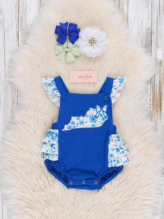 Kentucky Embroidered Floral Ruffle Bubble Romper: 12-18 mos