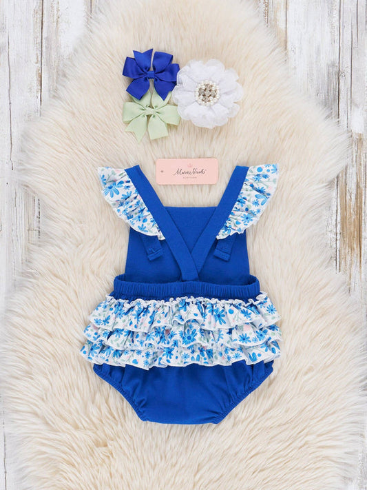 Kentucky Embroidered Floral Ruffle Bubble Romper: 12-18 mos
