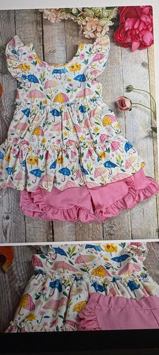 Umbrella Print Ruffled Top and Shorts Set