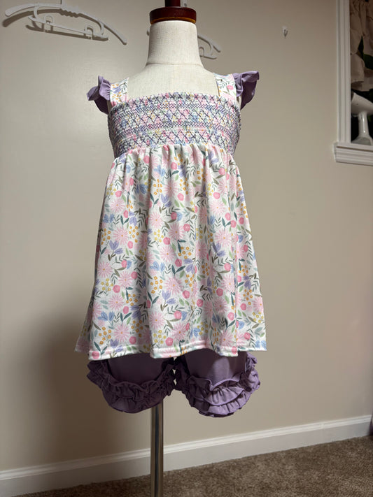 Purple floral smocked ruffle short set