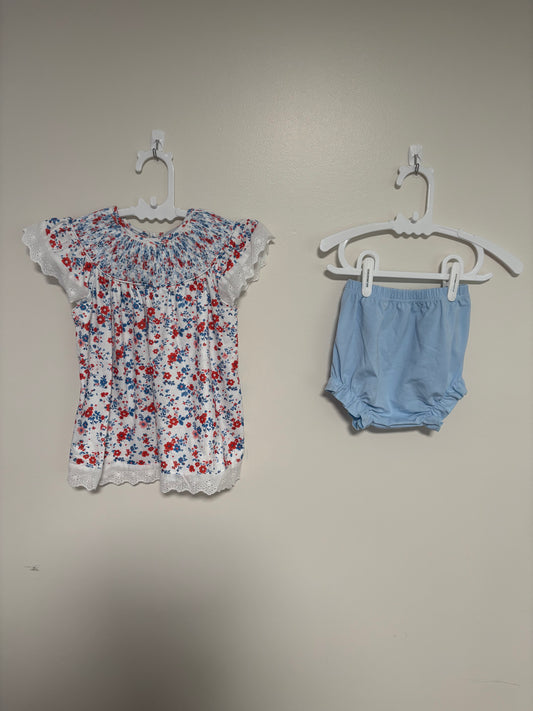 Floral Smocked Top & Blue Bloomer Set