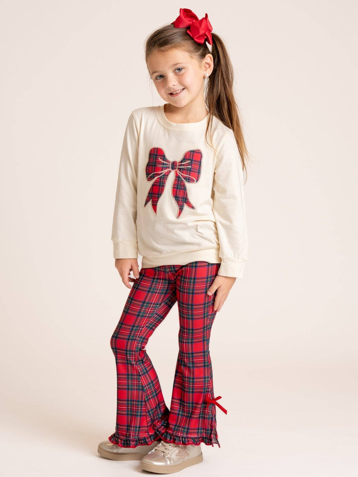 Tartan Bow Embroidered Bell Bottom Outfit