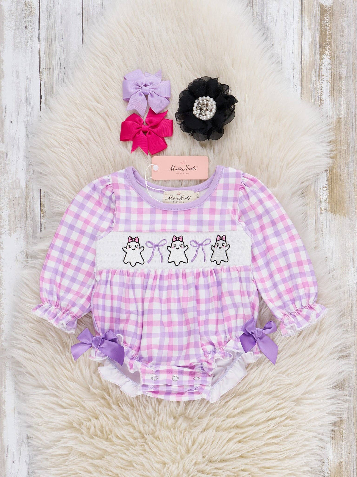 Ghostly Greetings Smocked Bow Bubble Romper: 18/24MOS