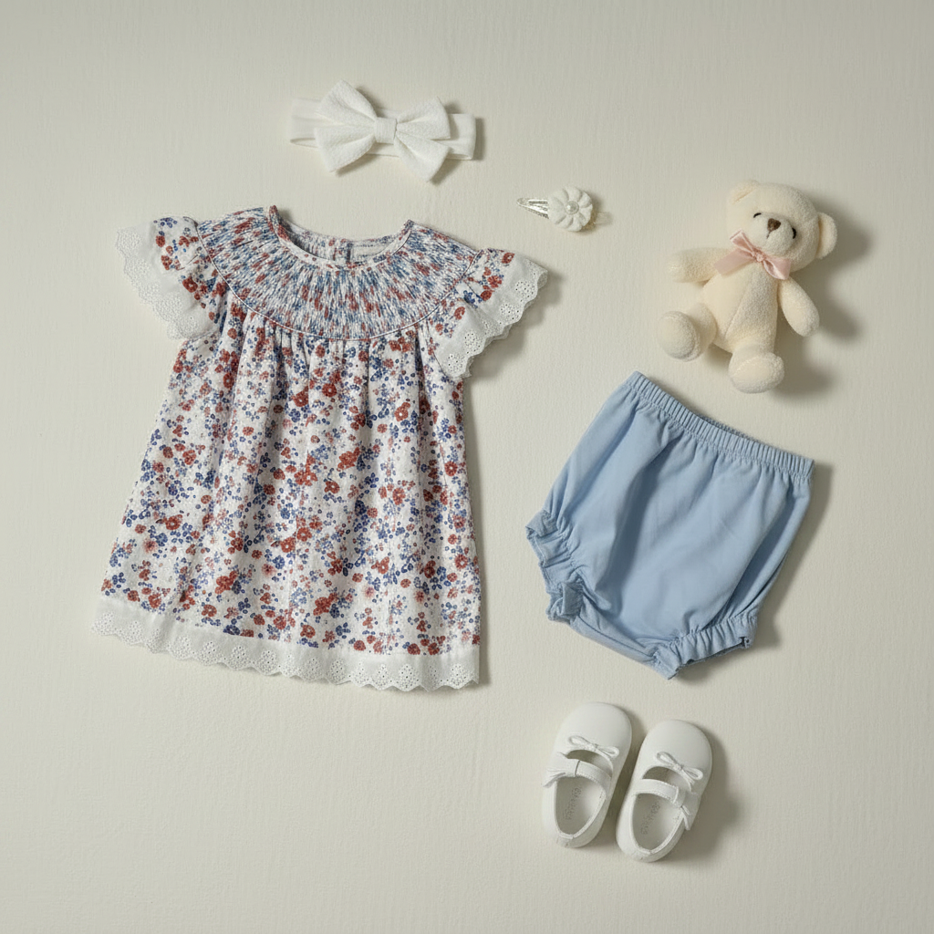 Floral Smocked Set with White Teddy Bear, White Shoes & White Hair Accessories