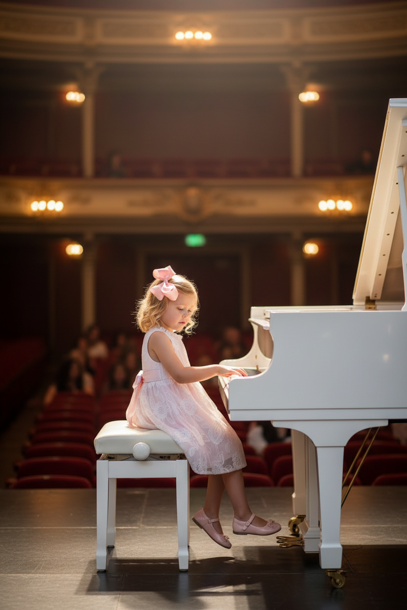Girl model in blush pink embroidered dress playing a white grand piano at a concert