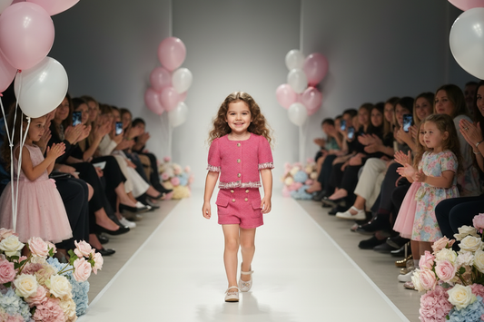 Toddler girl in pink tweed short set at a children's fashion show runway