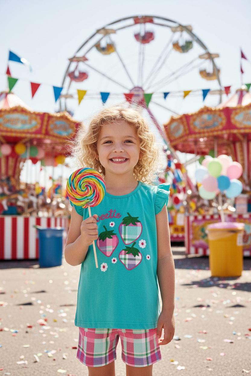 Curly blonde girl at carnival wearing teal strawberry flutter sleeve set