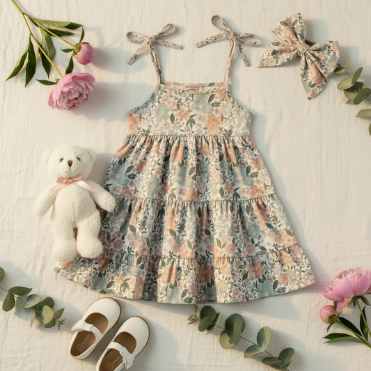 Pink Floral Knit Tiered Dress - Styled Flat Lay