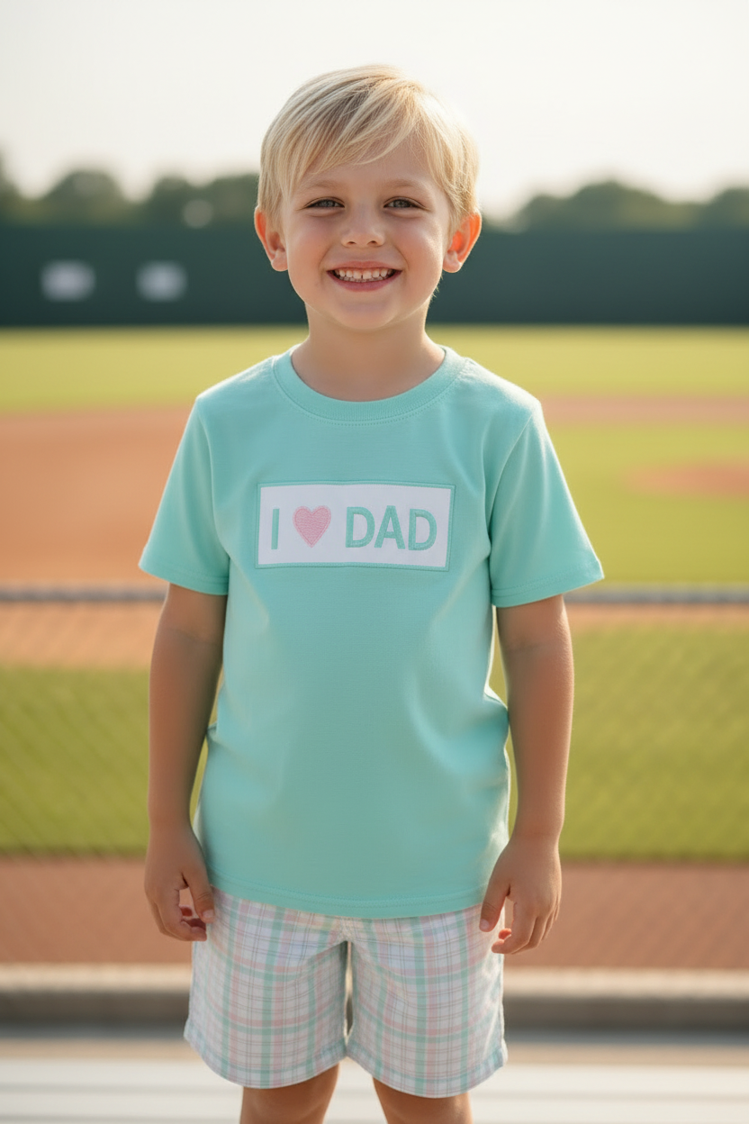 Boys Mint I Love Dad Shorts Set - lifestyle photo at baseball park