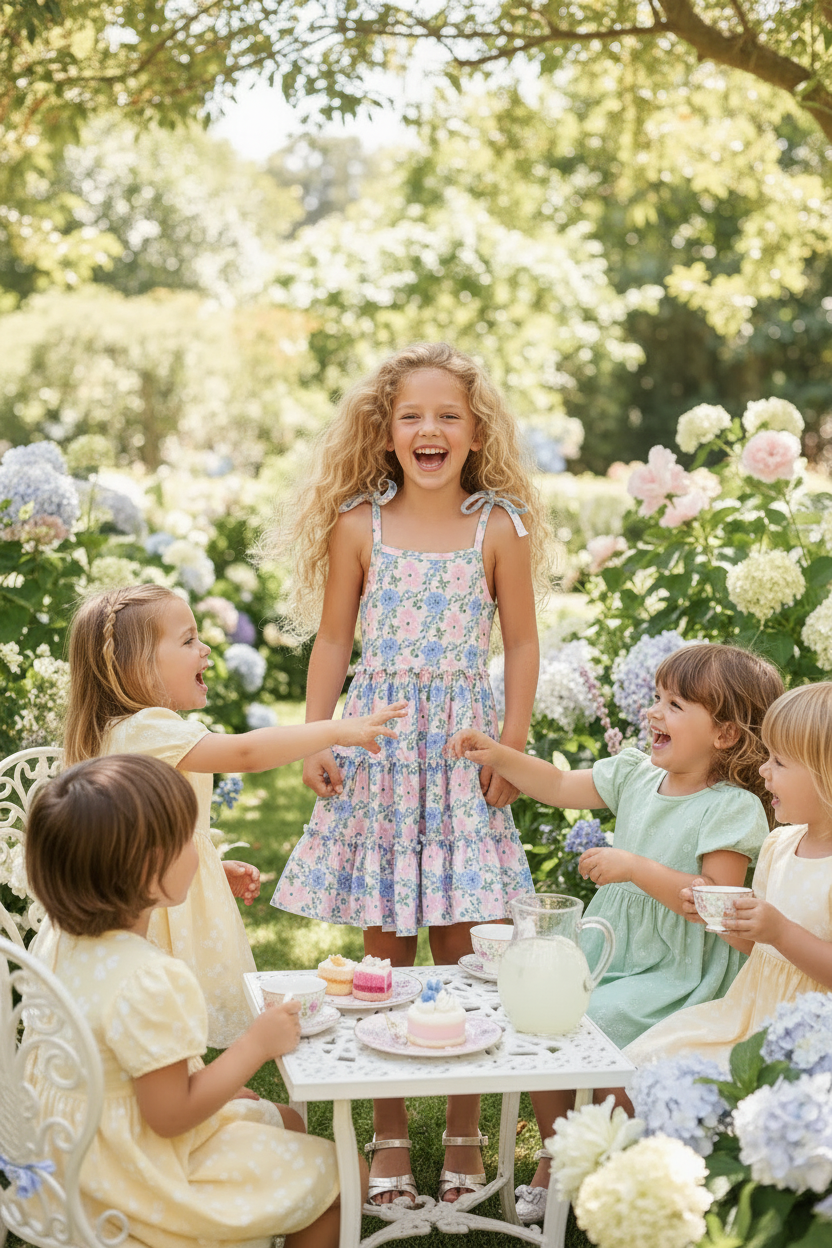 Girl with long blonde curls wearing floral dress playing with friends outdoors