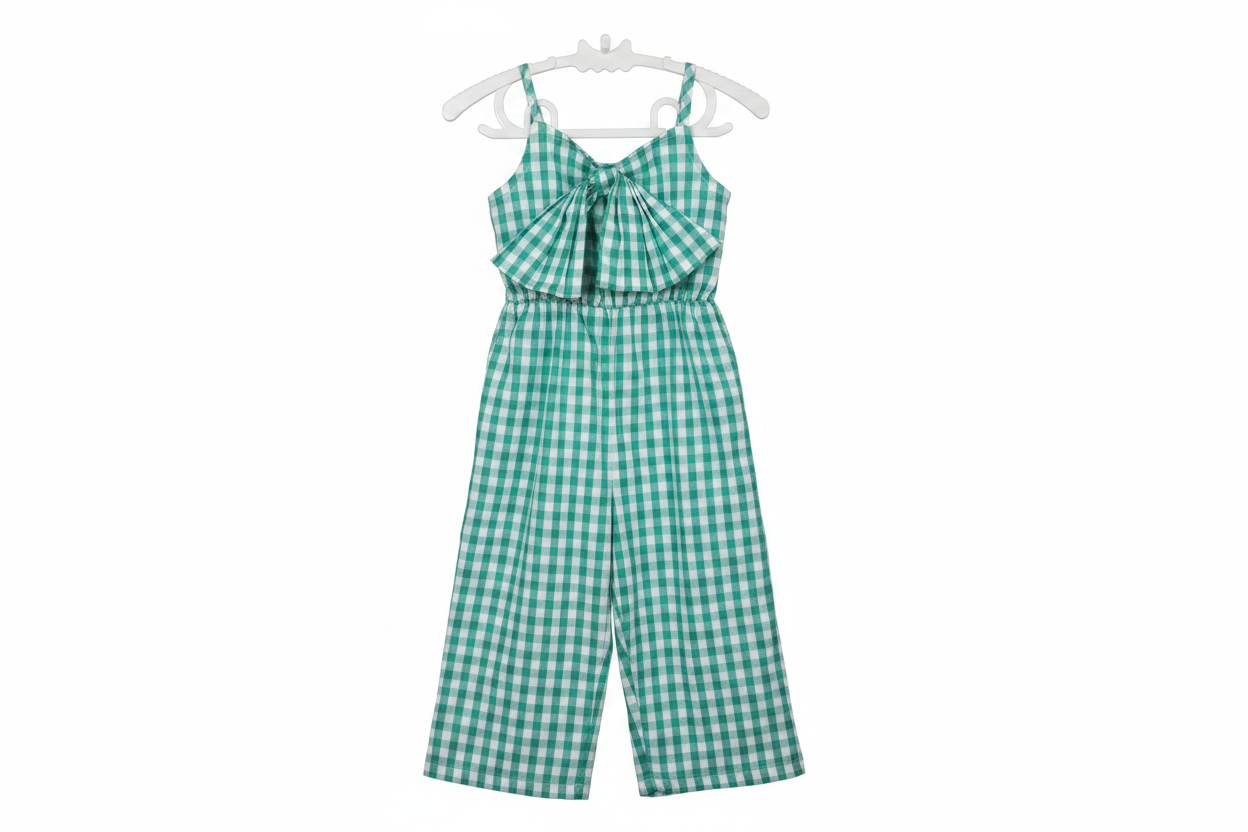Green and white gingham bow romper for girls
