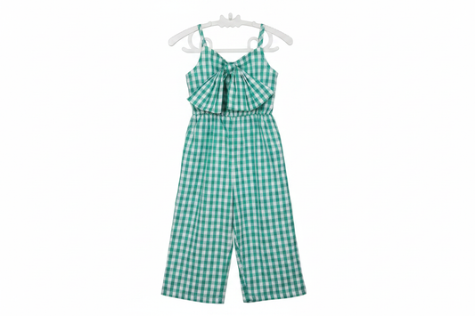 Green and white gingham bow romper for girls