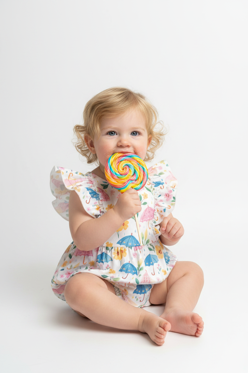 Curly haired blonde toddler wearing umbrella print bubble romper holding a sucker
