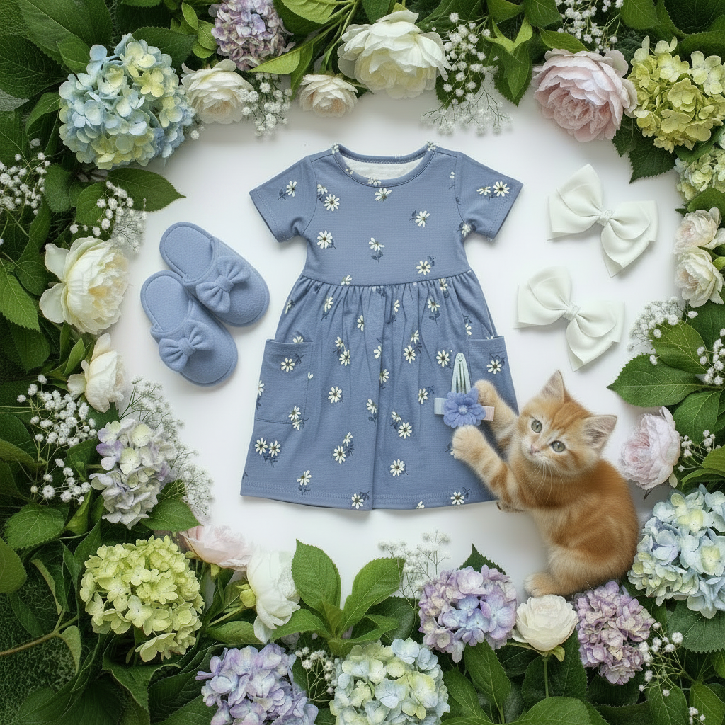 Blue daisy dress garden flat lay with matching periwinkle blue shoes and hair accessories and a playful kitten