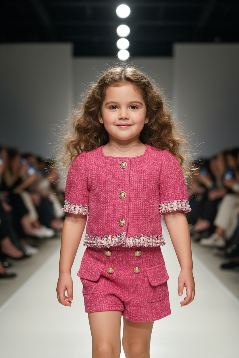 Toddler girl in pink tweed short set walking the runway at a fashion show