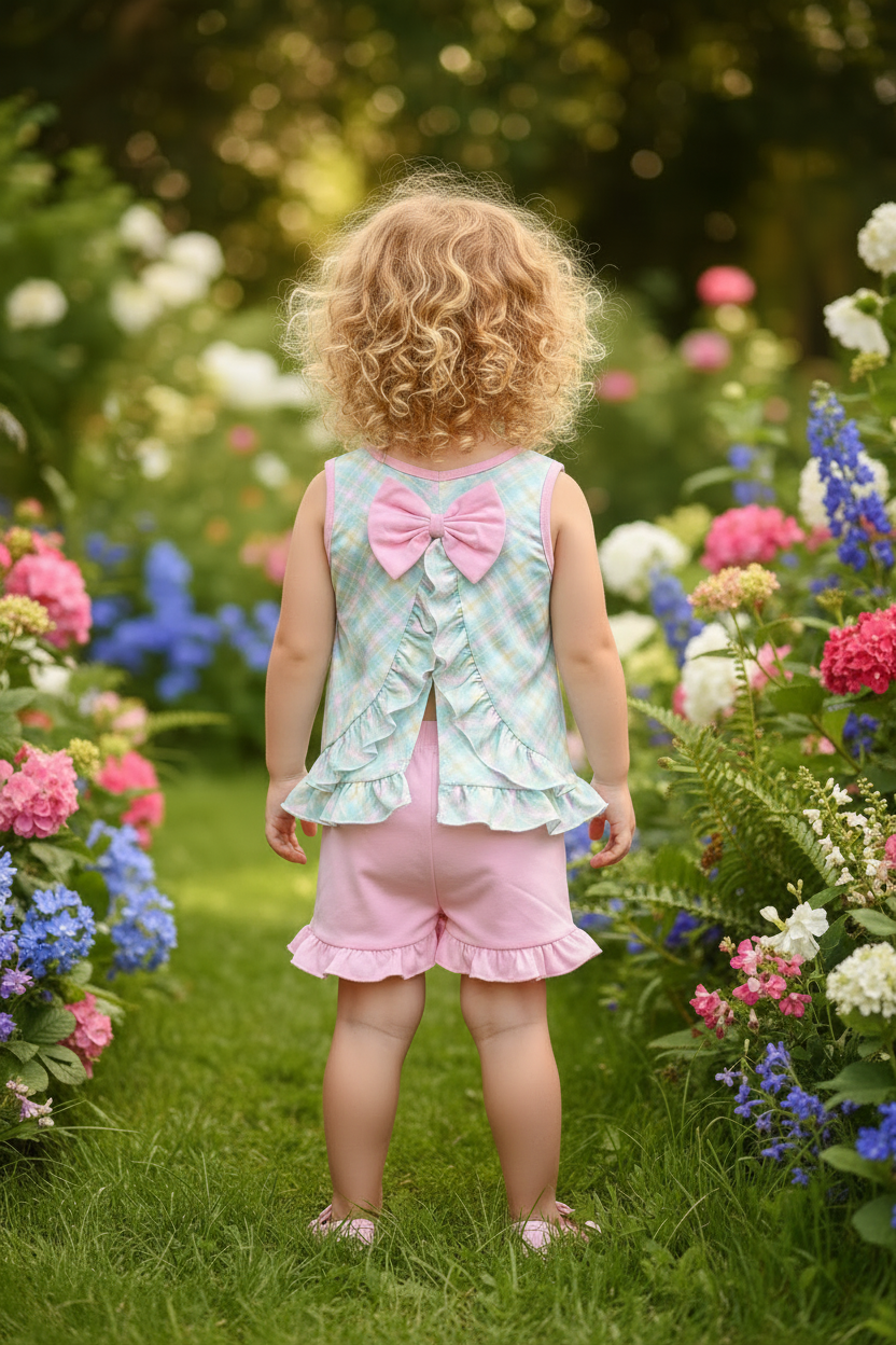 Mama's Girl Pastel Plaid Smocked Ruffle Outfit - Back View