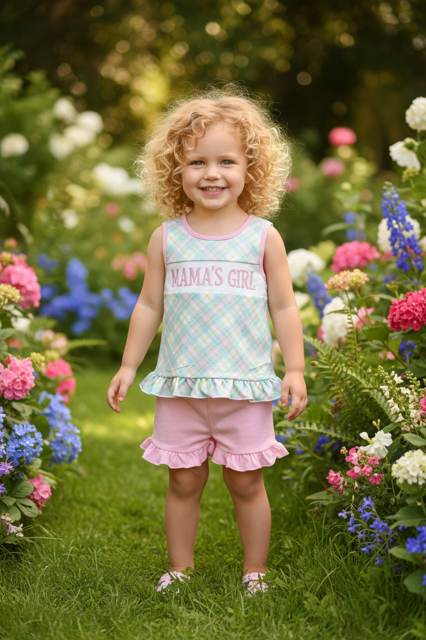 Mama's Girl Pastel Plaid Smocked Ruffle Outfit - Blonde Curly Hair